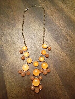 Vintage Statement Bib Necklace Orange Lucite Cabochon Beaded Gold Tone